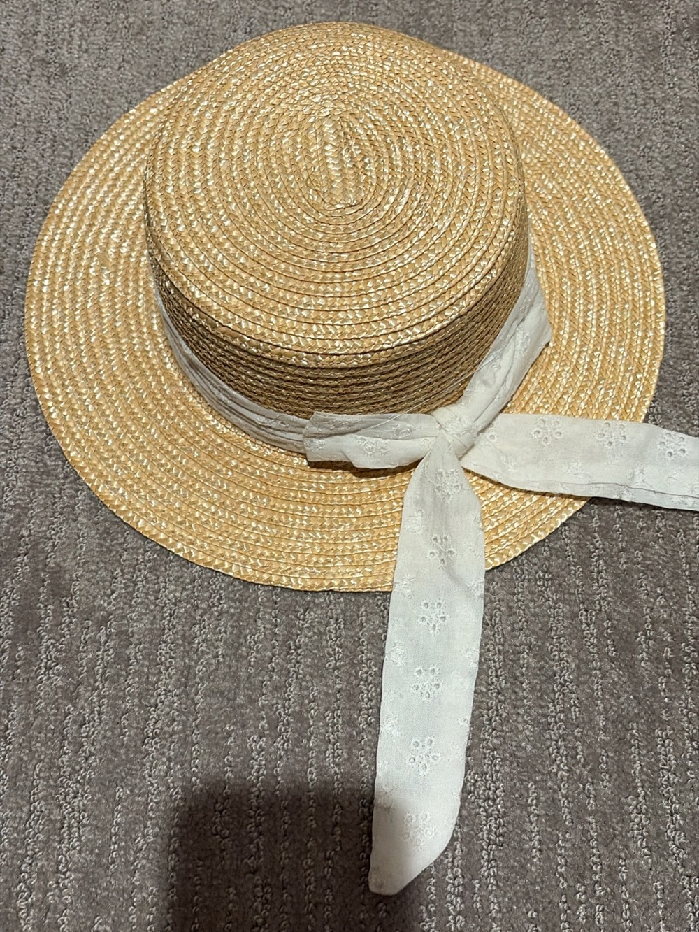 Zara Natural Straw Boater Hat with White Eyelet Tie